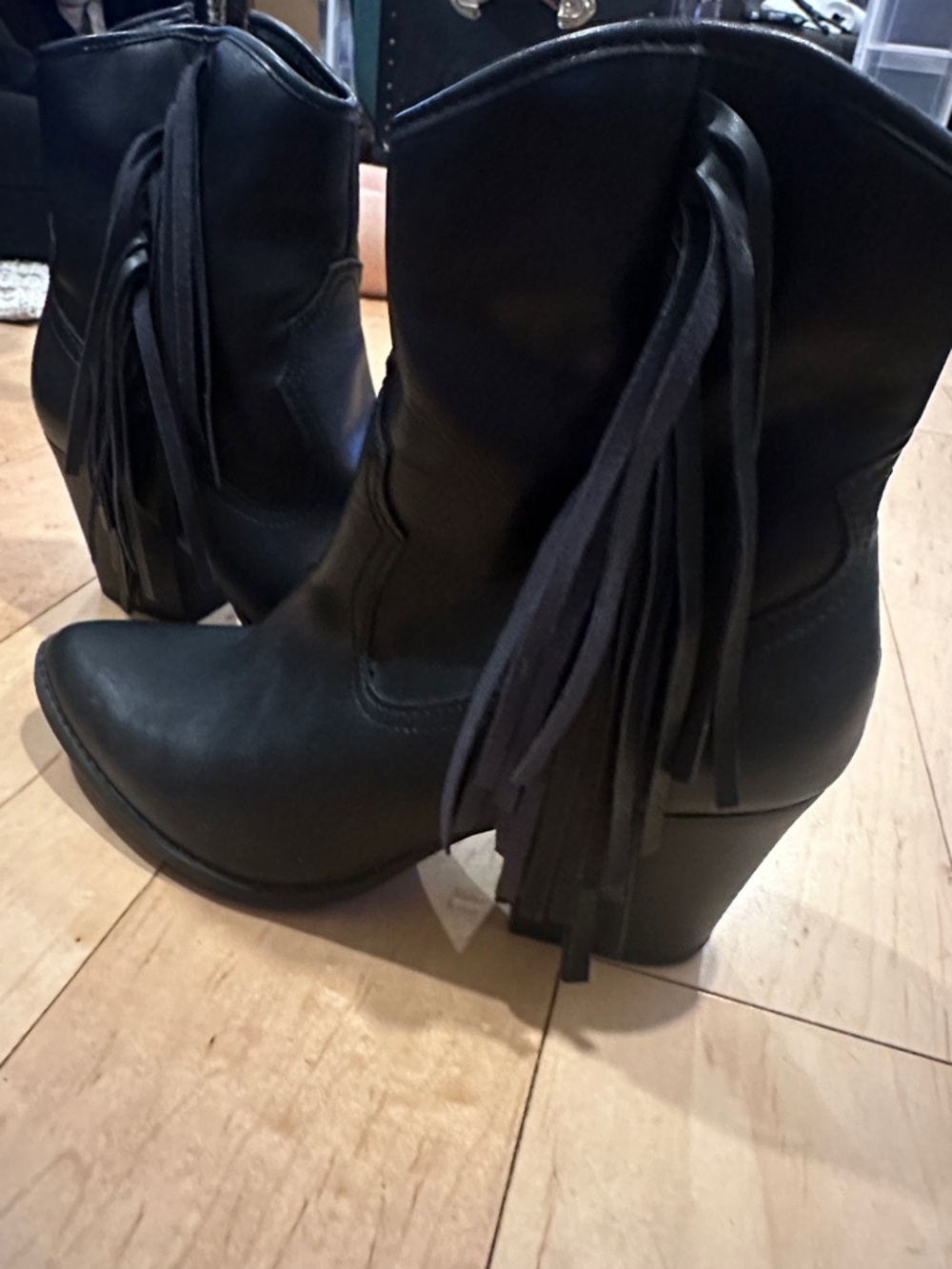 Fringed Black Mid-Calf Heeled Boots - NEVER WORN